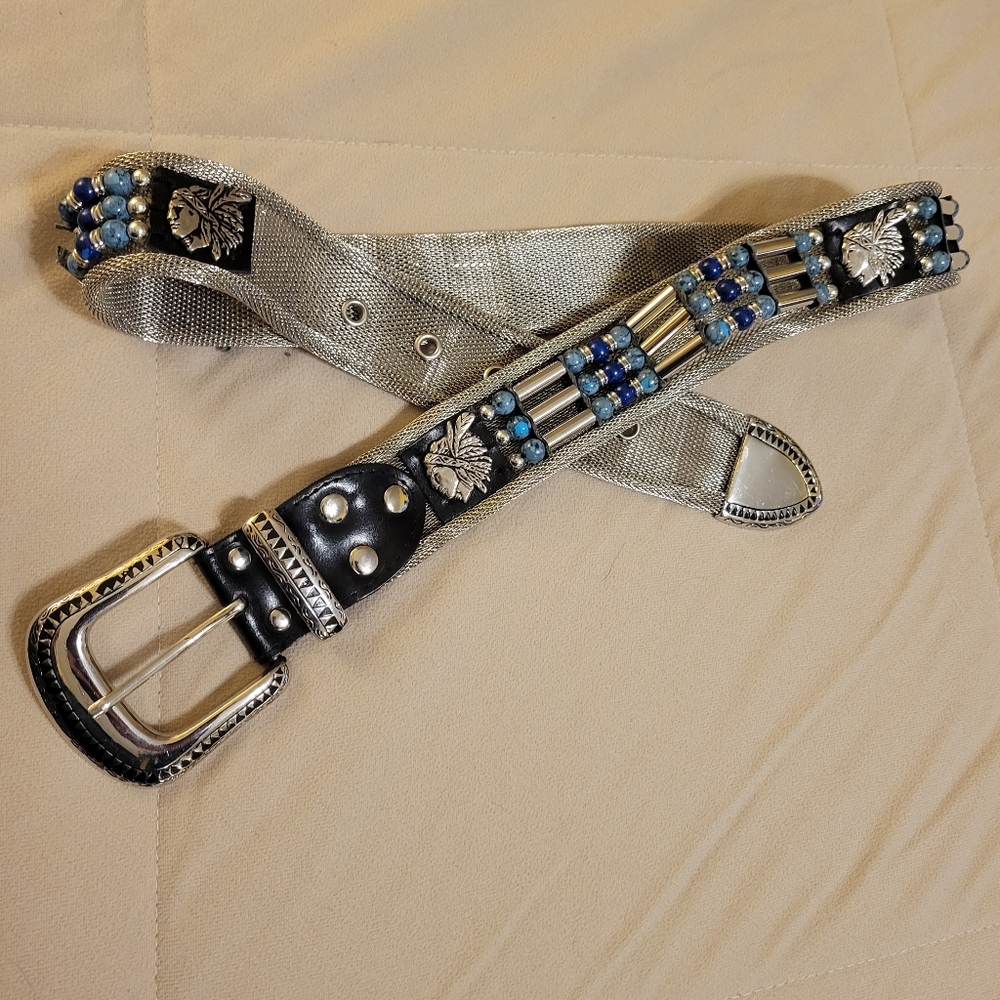 Vintage Native American Style Medallions and Blue Beads Silver Mesh Metal belt